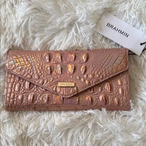 Brahmin Iridescent Rose Gold Croc-Embossed Envelope wallet